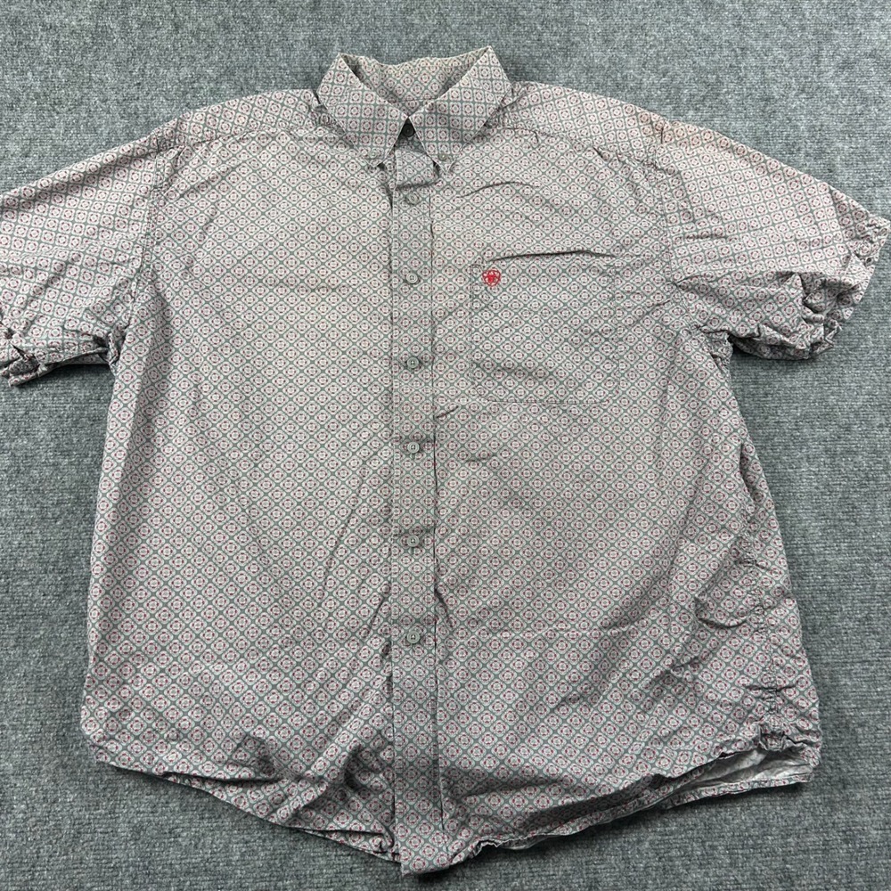 Ariat Button Down Shirt Mens XL Grey Red Geometric Short Sleeve Western Rodeo - Picture 2 of 9